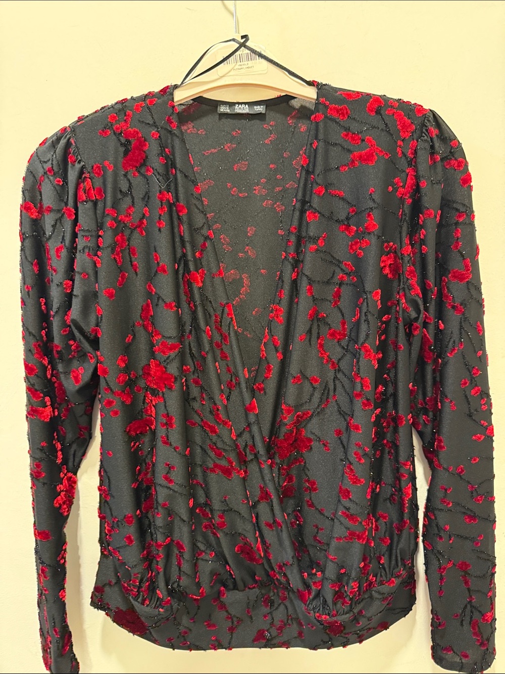 Zara Black V- drape top with Red Flocked Floral Detail